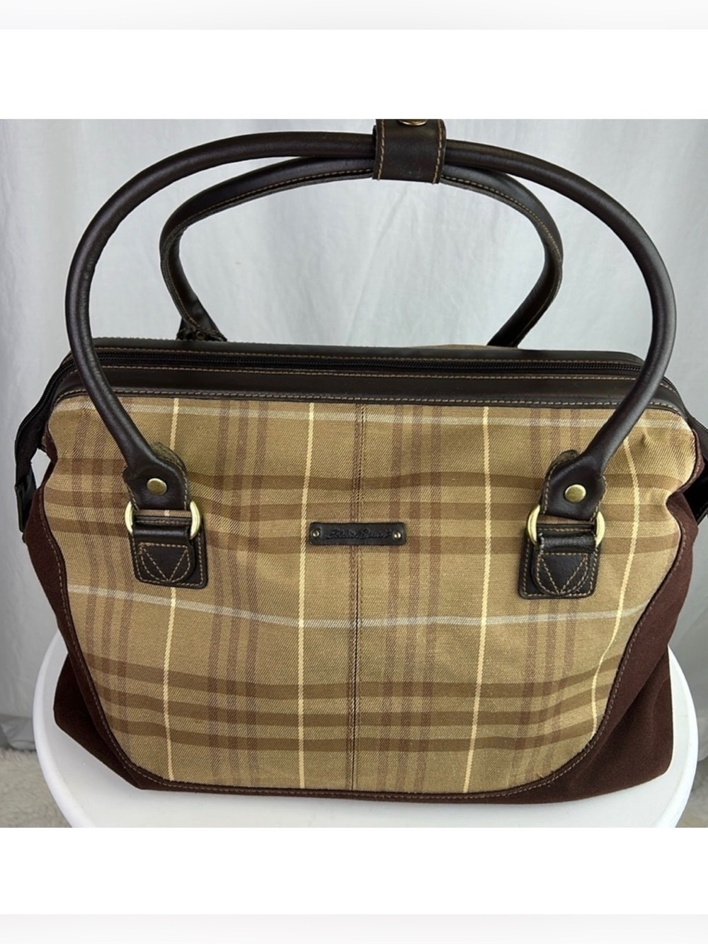 Eddie Bauer Classic Vintage Plaid Traveler Bag Luggage  Leather Trim & H…